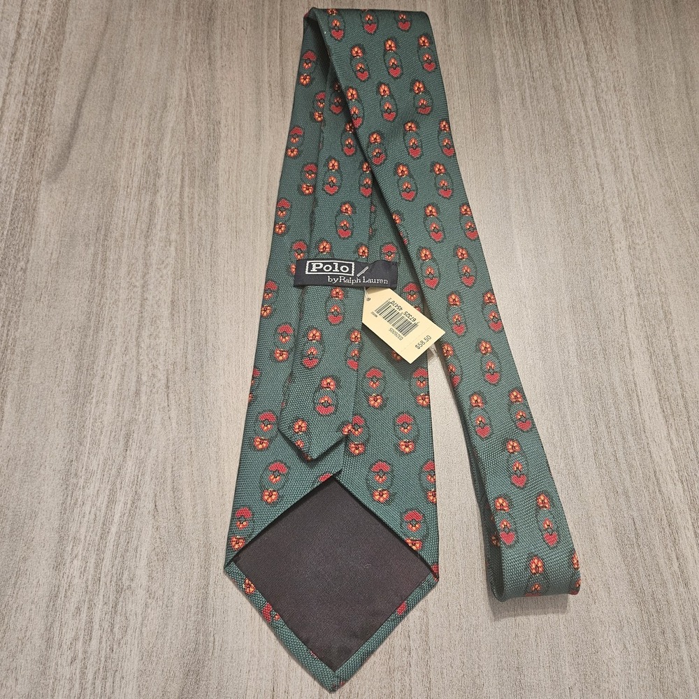 NWT Vintage Polo Ralph Lauren Christmas Necktie Green 100% Silk Made In USA 54x4 - Picture 2 of 4